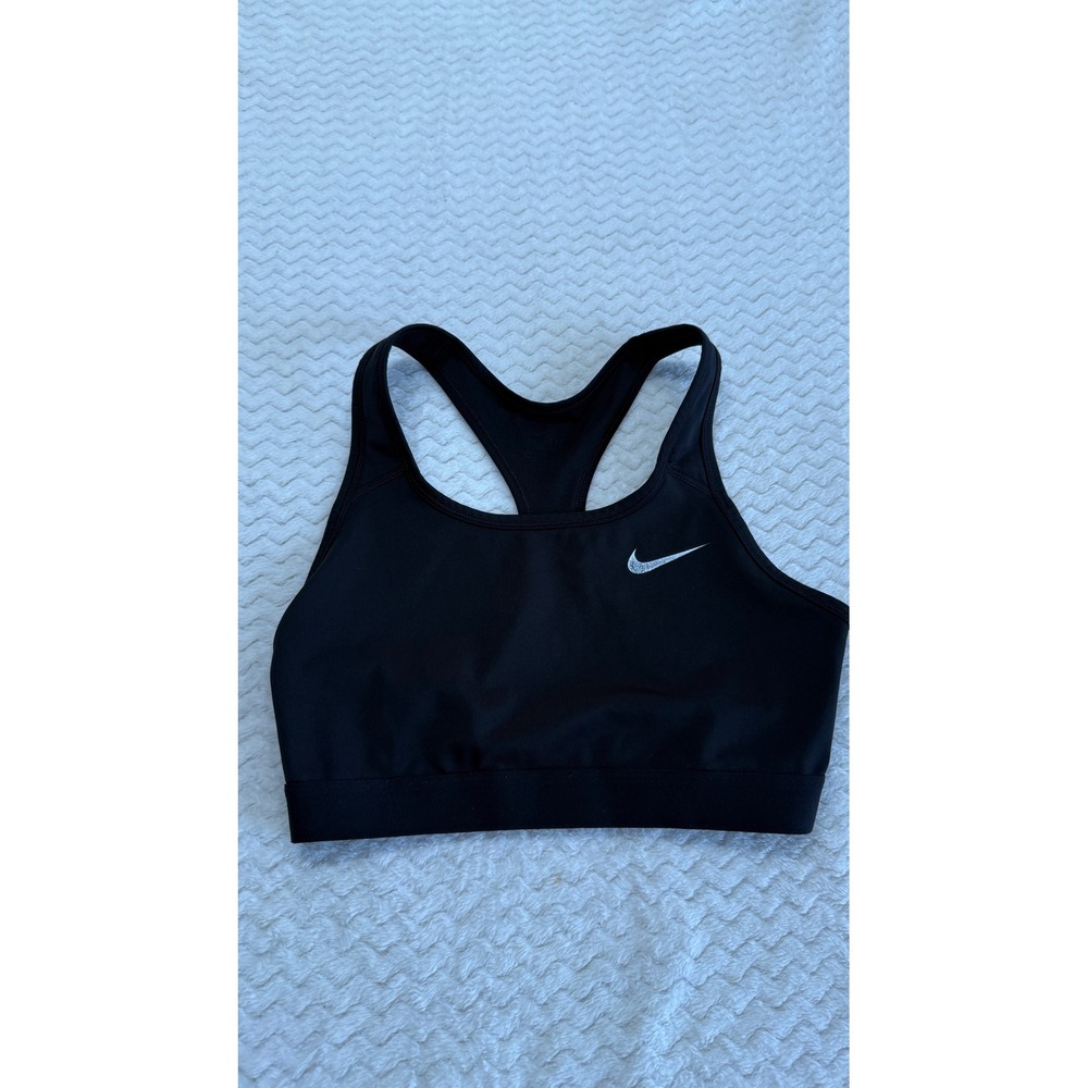Nike Womens Dri-FIT Racerback Sports Bra Black Silver Swoosh Size Medium